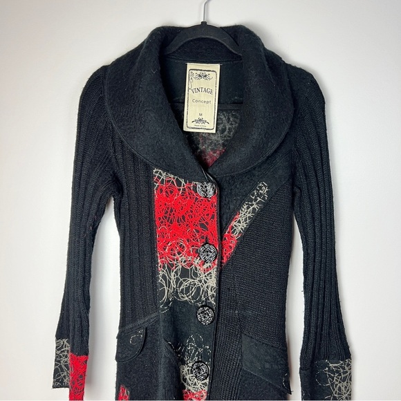 Vintage Concept Black Wool Blend Button Up Sweater Coat with Red Accents Women M - Picture 4 of 11